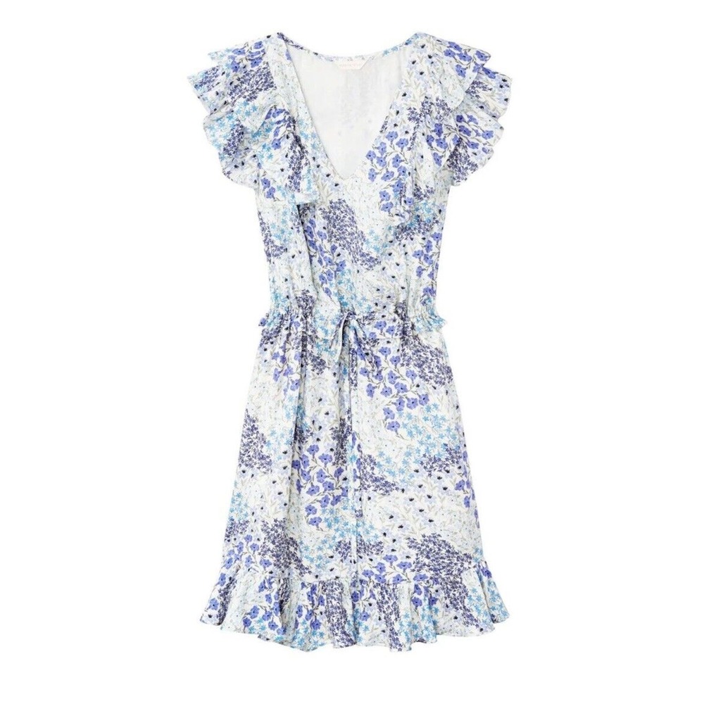 REBECCA TAYLOR AVA Dress Size 6 Blue Floral V Neck Ruffle 100% Silk Short Sleeve